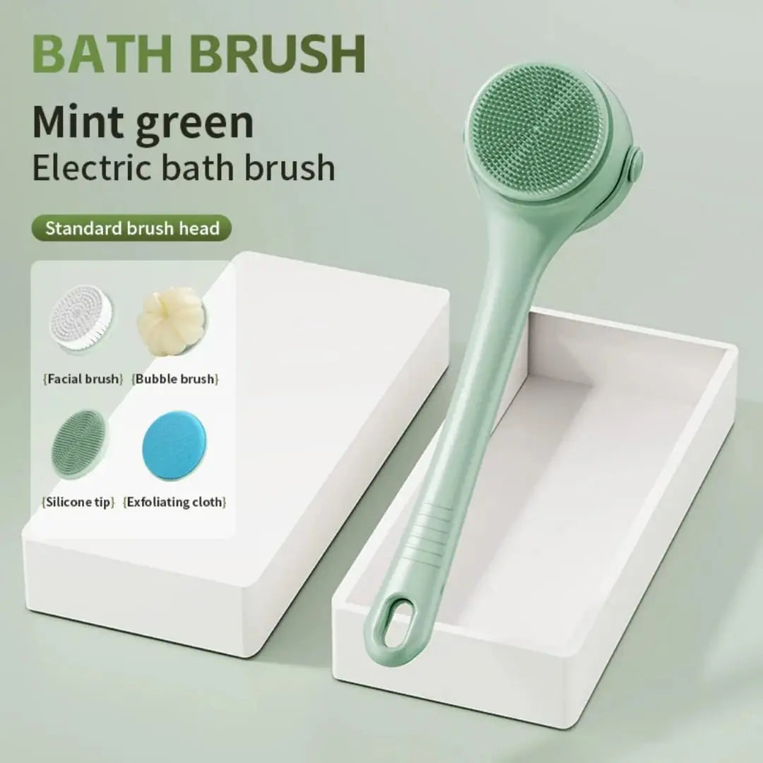 Mint green electric bath brush with packaging on a light gray background