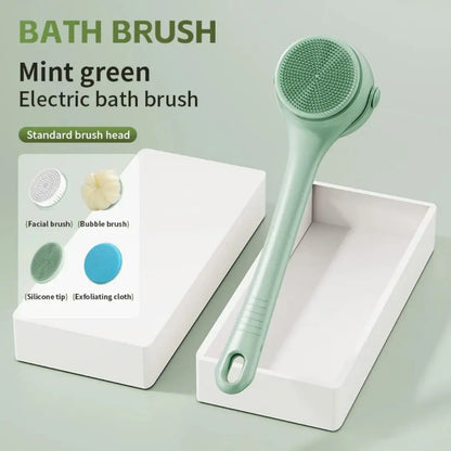 Mint green electric bath brush with packaging on a light gray background