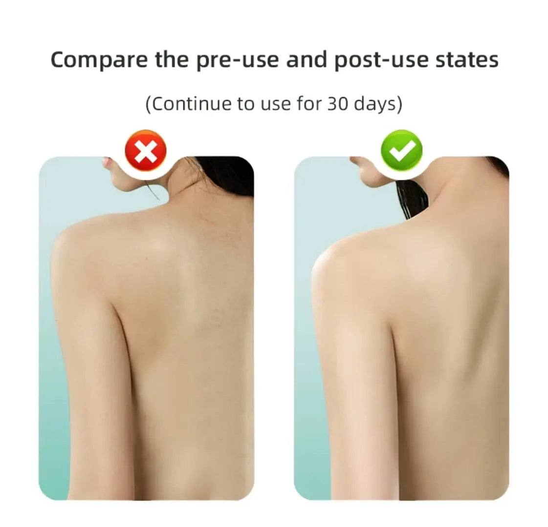 Before and after comparison of neck and shoulder area with a product application, showing a red 'X' and green check mark.