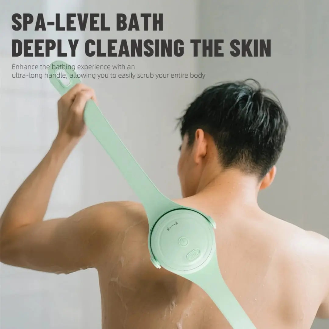 Person using a long-handled scrubber on their back with text about spa-level bath cleansing.