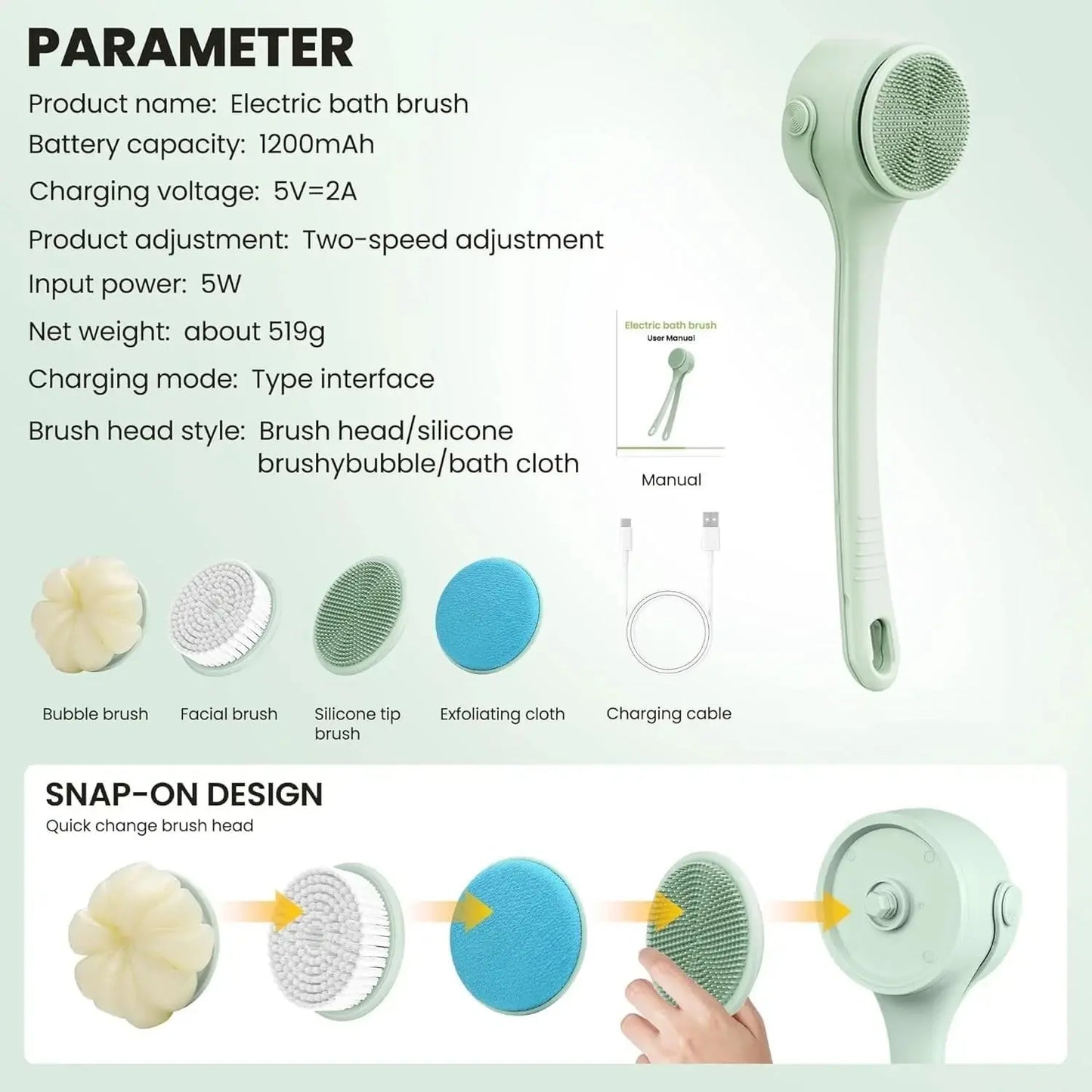 Electric bath brush with specifications and interchangeable heads on a white background