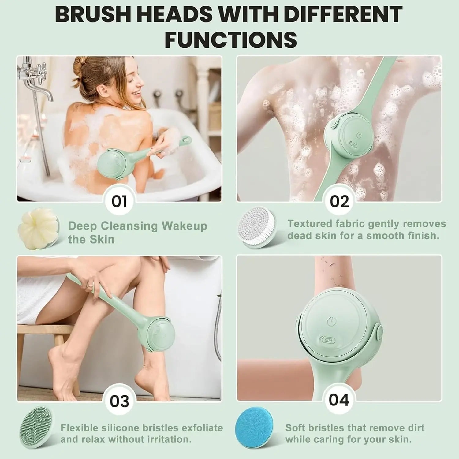 Product advertisement showing different brush heads with functions for skin care.