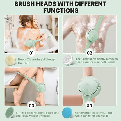 Product advertisement showing different brush heads with functions for skin care.