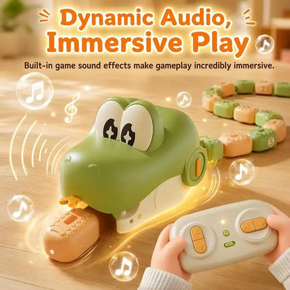 A green toy car with cartoon eyes and a mouth opening, shown on a wooden surface with a child's hands holding a white remote control. The scene includes glowing sound-wave graphics, music note icons, and a coiled toy snake in the background.