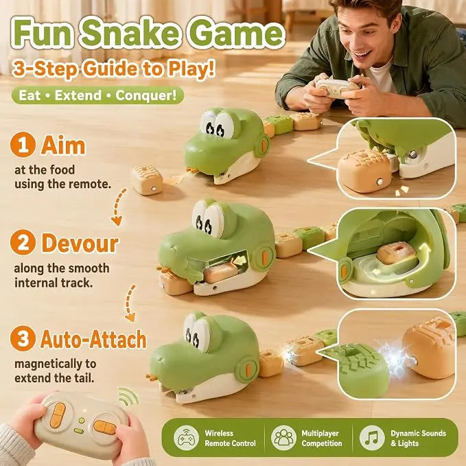 Fun Snake Game promotional graphic showing a green snake-like toy being played with on a wooden table, with a man in the top right, step-by-step play instructions on the left, close-up inset views, and feature icons along the bottom.