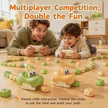 A father and child lying on a wooden floor playing with a colorful toy snake game in a cozy living room. The scene includes promotional text at the top and bottom describing multiplayer competition and parent-child interaction.