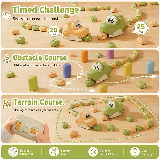 Three-panel product demonstration graphic for a children's magnetic toy car race set. The top panel shows the toy cars and track with text reading 'Timed Challenge' and '20 Pcs'; the middle panel shows 'Obstacle Course' with colorful cylindrical obstacles; the bottom panel shows 'Terrain Course' with a hand holding a remote, plus feature icons for magnetic connection, remote control, dynamic sound effects, and USB charging.