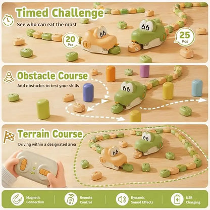 Three-panel product demonstration graphic for a children's magnetic toy car race set. The top panel shows the toy cars and track with text reading 'Timed Challenge' and '20 Pcs'; the middle panel shows 'Obstacle Course' with colorful cylindrical obstacles; the bottom panel shows 'Terrain Course' with a hand holding a remote, plus feature icons for magnetic connection, remote control, dynamic sound effects, and USB charging.
