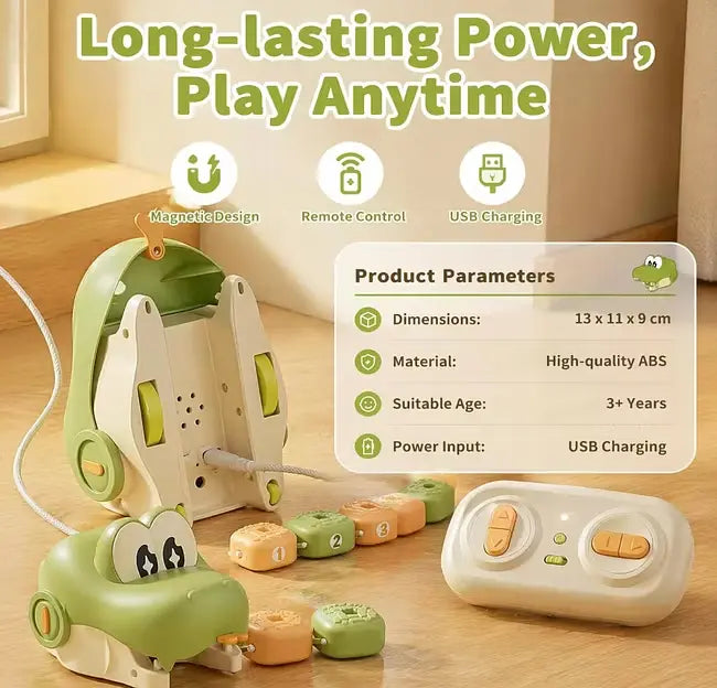 A children's magnetic toy car set shown on a wooden floor with a window and indoor room context, plus overlaid feature icons and a product parameters box. Because a real environment is visible, this fits Lifestyle rather than Product/Packaging, even though the product is prominently displayed.